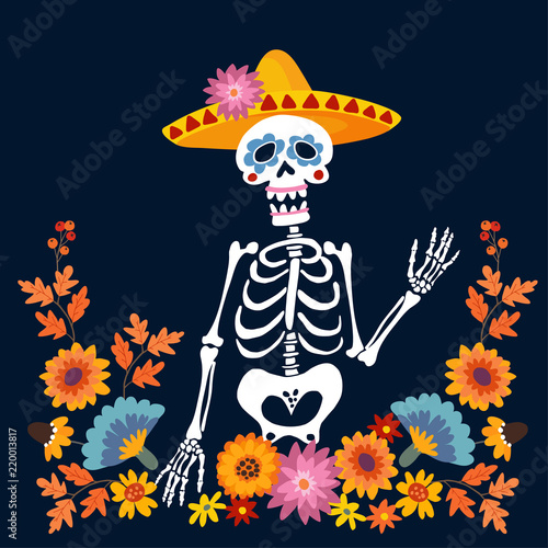 Dia de Los Muertos greeting card, invitation. Mexican Day of the Dead. Skeleton with sombrero hat and floral frame. Ornamental skull. Hand drawn vector illustration, background.
