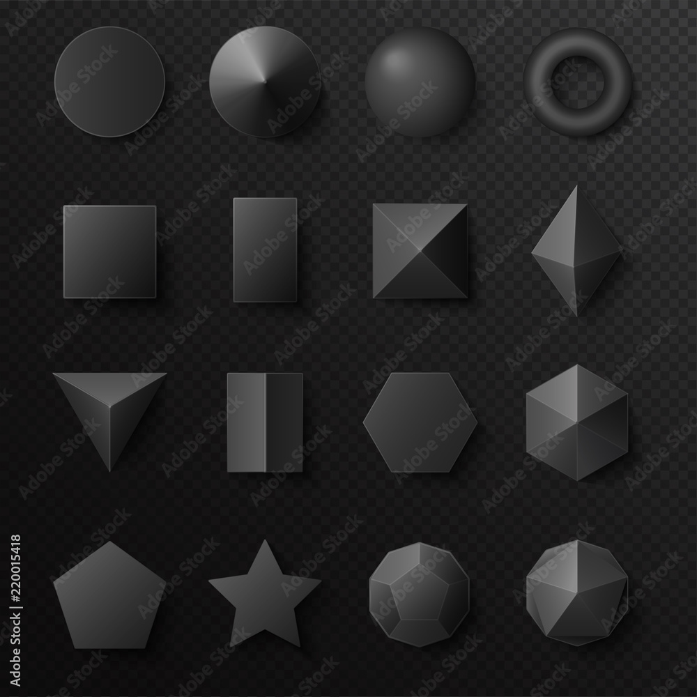 3d volumetric black shapes figures set. Realistic vector primitives with shadows. 3d volumetric black shapes figures set. Realistic vector primitives with shadows.