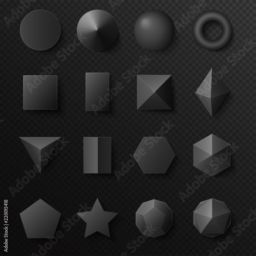 3d volumetric black shapes figures set. Realistic vector primitives with shadows.