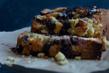 Slices of Blueberry Loaf Cake with Crumbs
