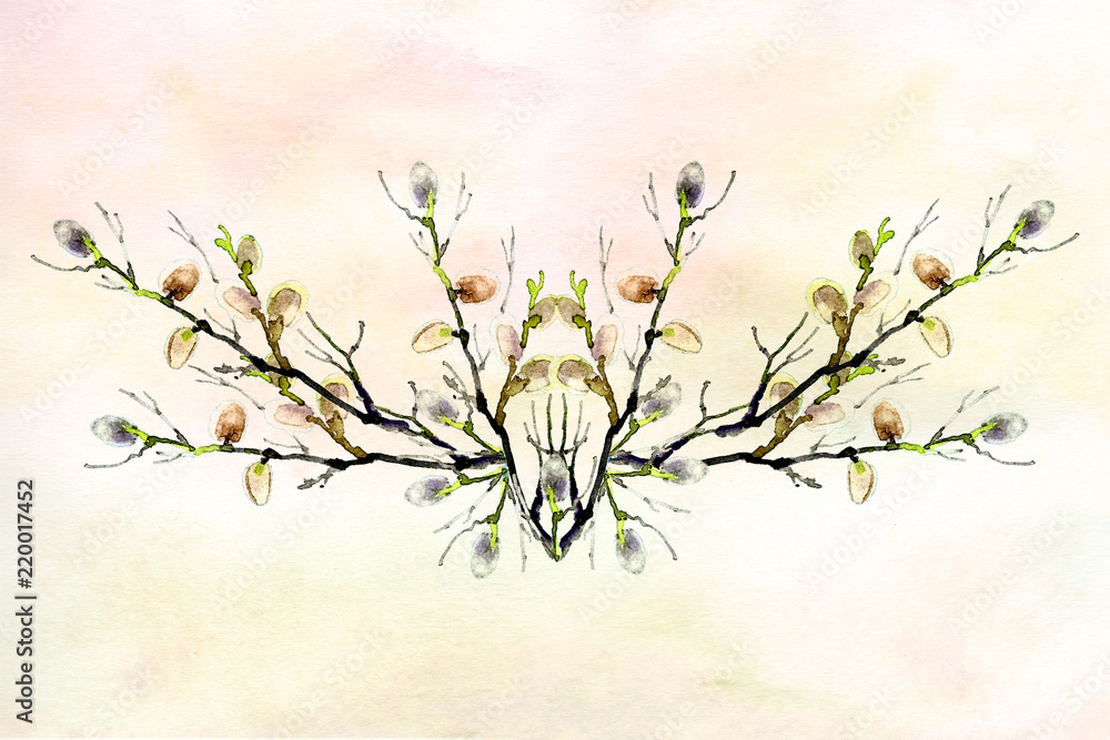 Obraz różowe i zielone tło akwarela tekstury z wiosną pussy willows