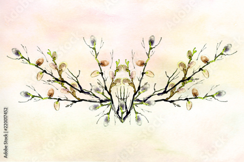 Obraz na płótnie różowe i zielone tło akwarela tekstury z wiosną pussy willows