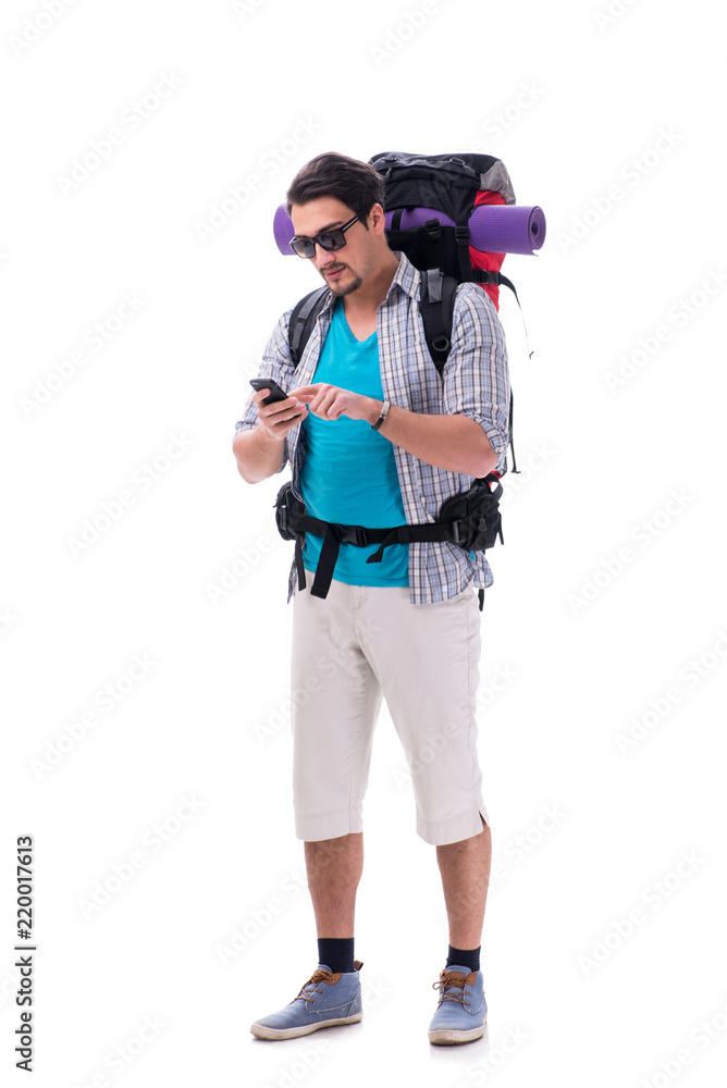 Backpacker with large backpack isolated on white Backpacker with large backpack isolated on white