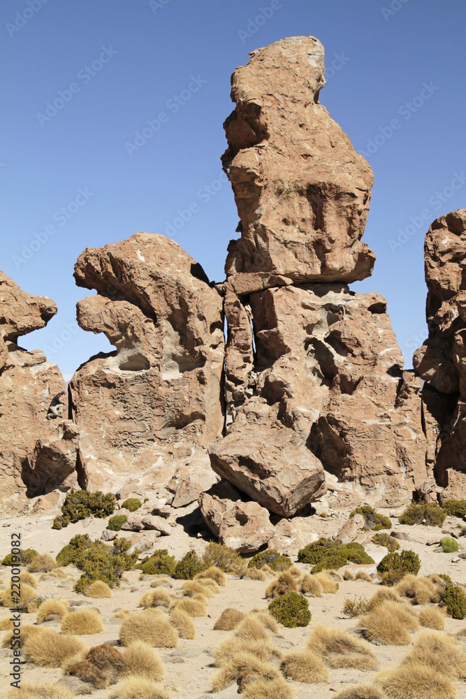Striking rock formations in the salt flats of Uyuni, Bolivia