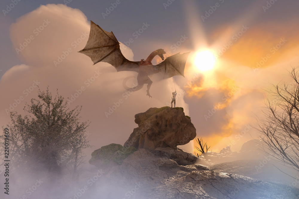 Naklejka premium 3D ilustracja rycerza walczącego smoka, smok versus mężczyzna