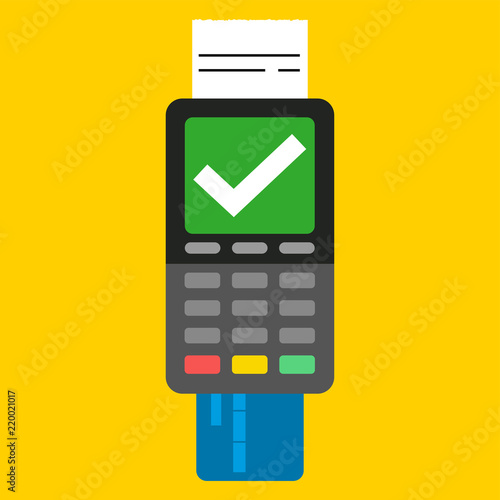 Payment by credit card using POS terminal, approved payment. Flat illustration.