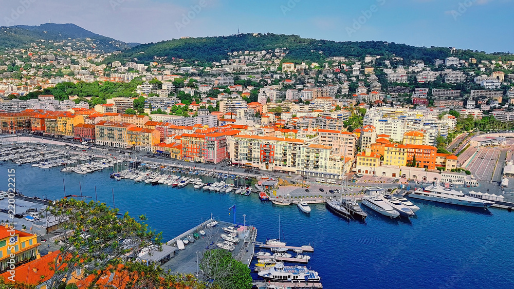 View of the harbour (port) from the Castle Hill, French Riviera. Nice, Cote d'Azur. France