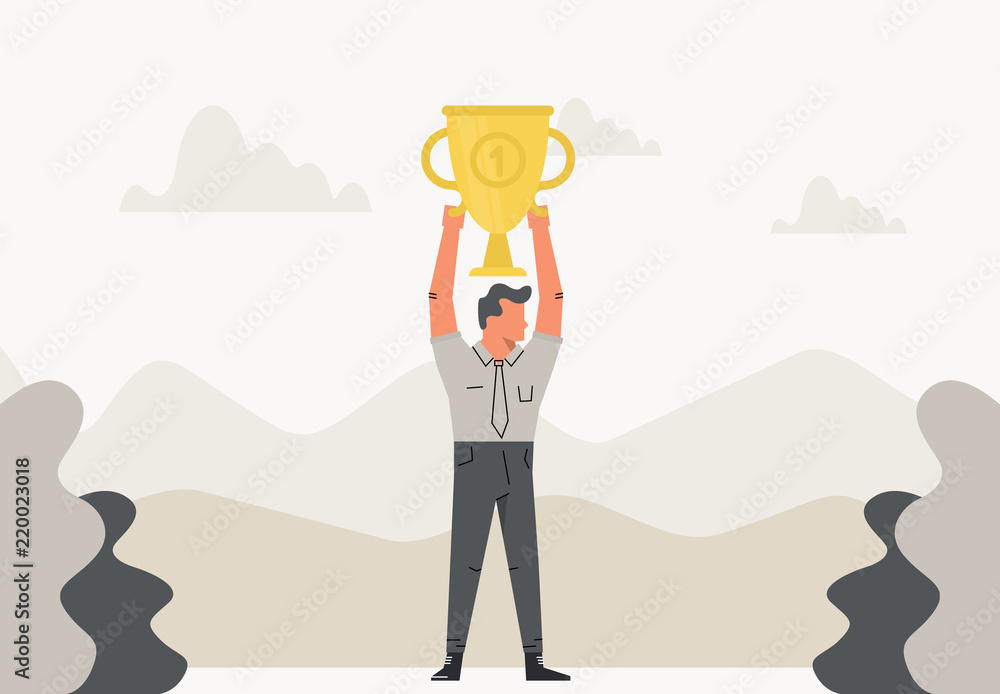 Celebrating businessman holding winner cup trophy over his head. Business illustration in flat design. Success, champion, victory Celebrating businessman holding winner cup trophy over his head. Business illustration in flat design. Success, champion, victory
