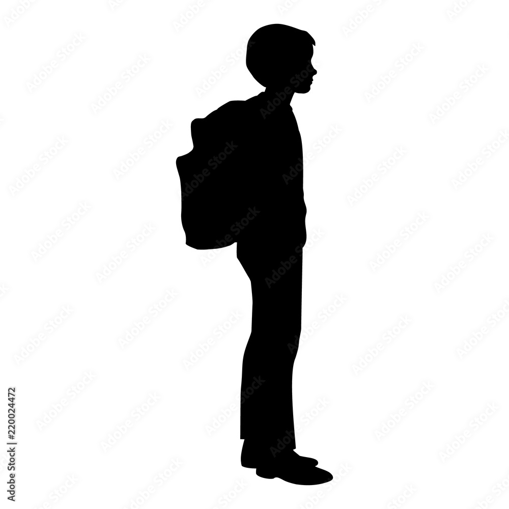 Isolated silhouette of a boy standing with a backpack Isolated silhouette of a boy standing with a backpack