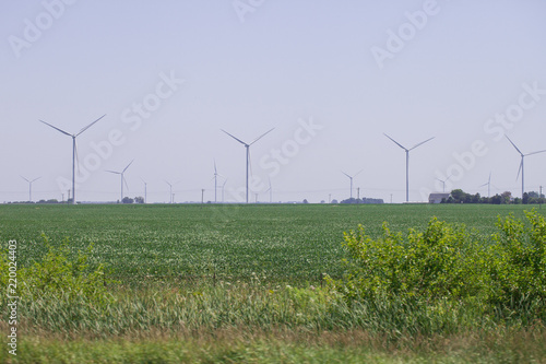Windmills power plant in rural landscape. Wind turbine farm for electric power production. Windmills for electric power production in USA.