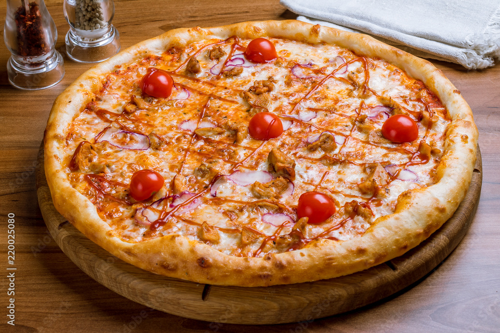 Pizza with meat and barbecue sauce Pizza with meat and barbecue sauce