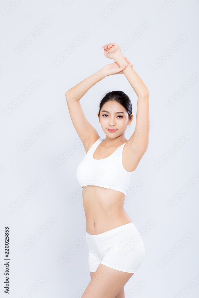 Portrait young asian woman smiling beautiful body diet with fit isolated on white background, model girl weight slim with cellulite or calories, health and wellness concept. Portrait young asian woman smiling beautiful body diet with fit isolated on white background, model girl weight slim with cellulite or calories, health and wellness concept.