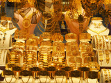 gold necklaces, bracelets and various jewelery sold in a jewelery store at turkey