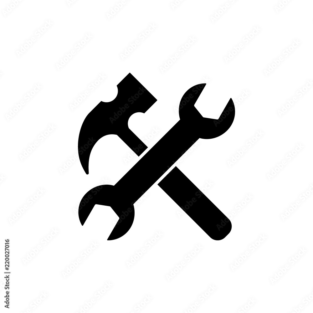 Wrench and hammer crossed icons. Settings, tools web icon. Spanner and hammer crossed. Under construction. Wrench and hammer crossed icons. Settings, tools web icon. Spanner and hammer crossed. Under construction.