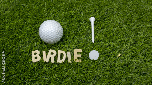 Golf birdie with tee and marker on green grass photo