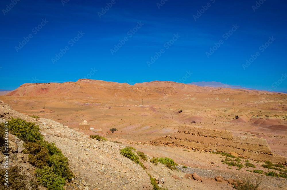 Desert landscape with Atlas Mountains near Kasbah Ait Ben Haddou, Morocco