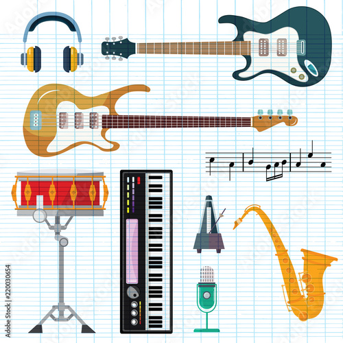 Guitar, synthesizer piano and drum station vector icons. String, wind and key musical instruments of isolated harp, sax or saxophone, trombone or trumpet and fiddle violin for orchestra or jazz music