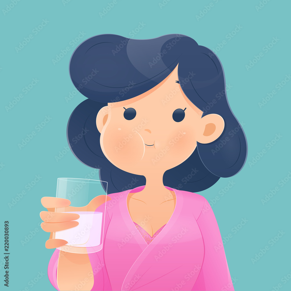 Healthy happy woman rinsing and gargling while using mouthwash from a glass. During daily oral hygiene routine. Dental Health Concept, Vector and illustration Healthy happy woman rinsing and gargling while using mouthwash from a glass. During daily oral hygiene routine. Dental Health Concept, Vector and illustration