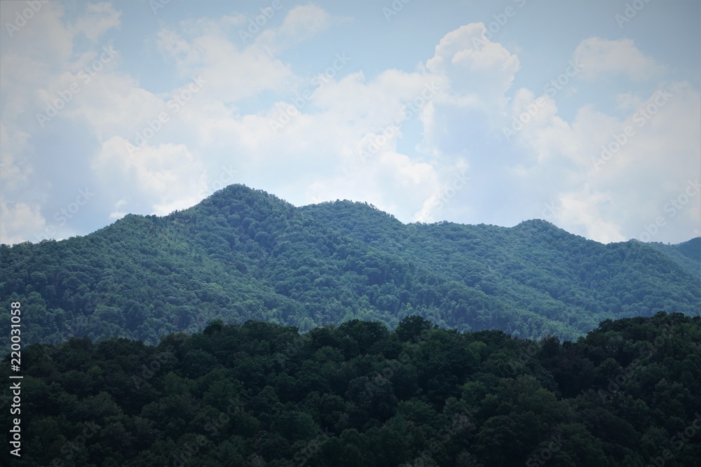 Beautiful high mountain with blue sky and white clouds ,very nice scenery on a sunny day in summer , NC USA