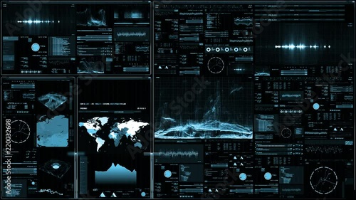 Futuristic digital interface screen. Streaming and flashing computer interface with map, satellite images and network status, levels and spectrum of signals, Extremely detailed.