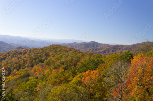 Mountain range in autumn colors, fall leaves, Great Smoky Mountains, clear sky, horizontal aspect
