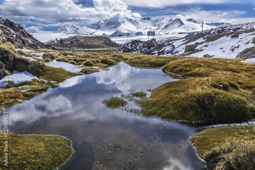 The Caves area with amazing reflections at Lauca National Park in the Atacama Desert north extreme an amazing view over the altiplano. 