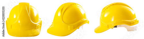 Industrial workers or construction site safety equipment concept with a multiple angle image of a yellow hard hat isolated on white background with a clipping path cutout photo