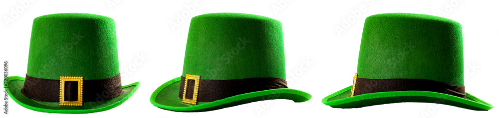 St Patricks day meme and March 17 concept with a multiple angles image of a green parade hat with a belt and buckle isolated on white background with a clip path cut out