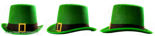 Obraz na płótnie St Patricks day meme and March 17 concept with a multiple angles image of a green parade hat with a belt and buckle isolated on white background with a clip path cut out w salonie