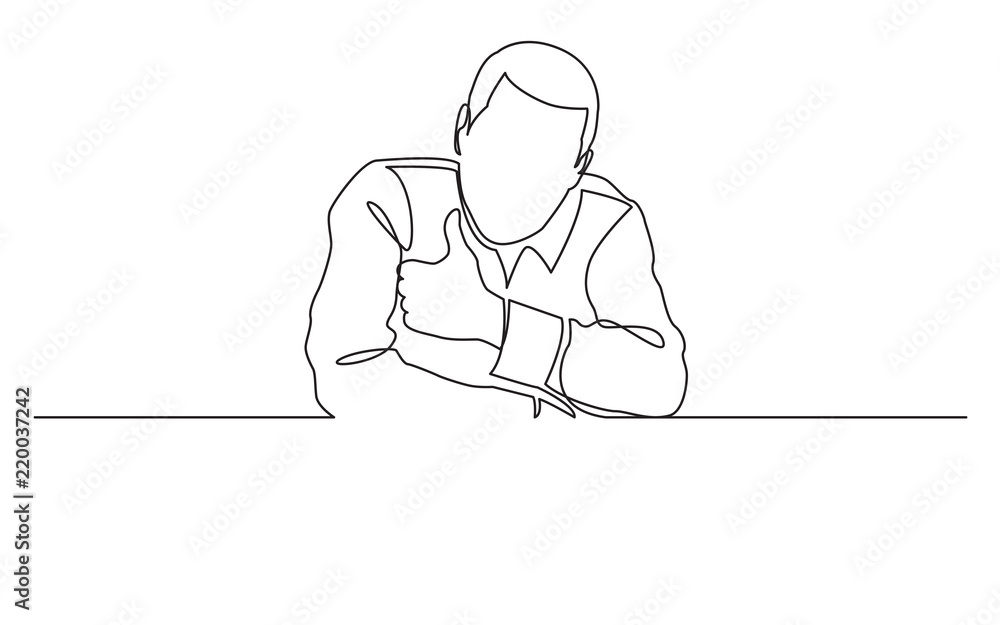 continuous line drawing of man with blank banner showing thumb up