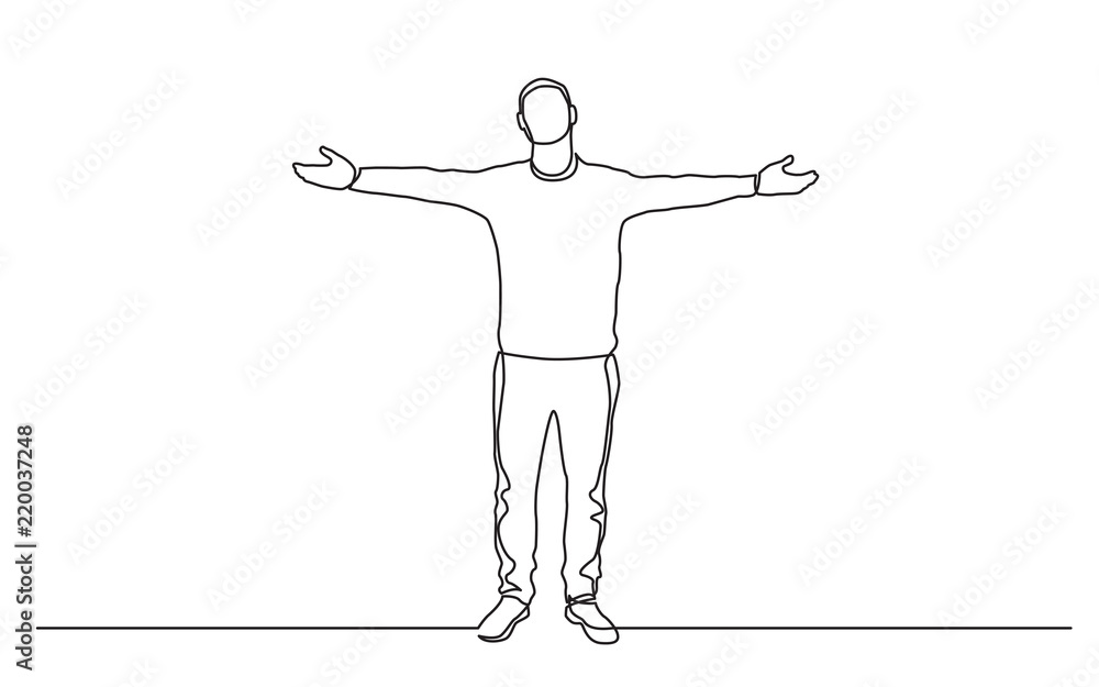 continuous line drawing of standing man spreading arms continuous line drawing of standing man spreading arms