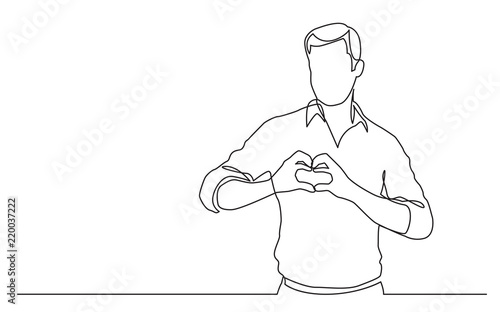 continuous line drawing of standing man showing love sign