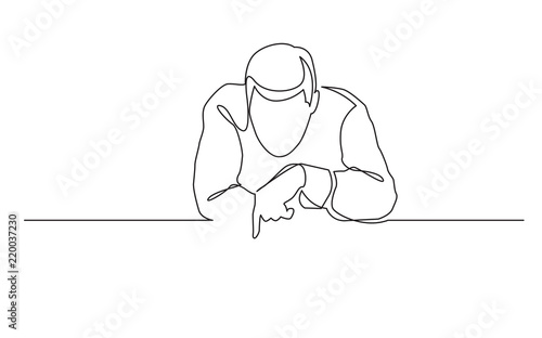 continuous line drawing of man pointing at blank banner