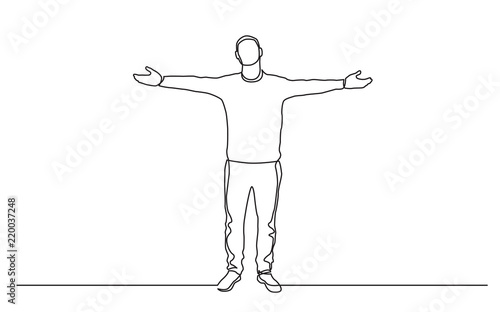 continuous line drawing of standing man spreading arms