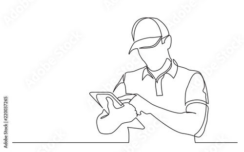 continuous line drawing of standing delivery guy filling order on tablet