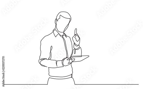 continuous line drawing of standing man with tablet pointing finger