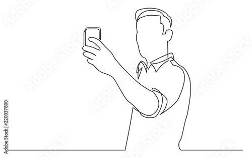 continuous line drawing of standing man making selfie with his mobile phone