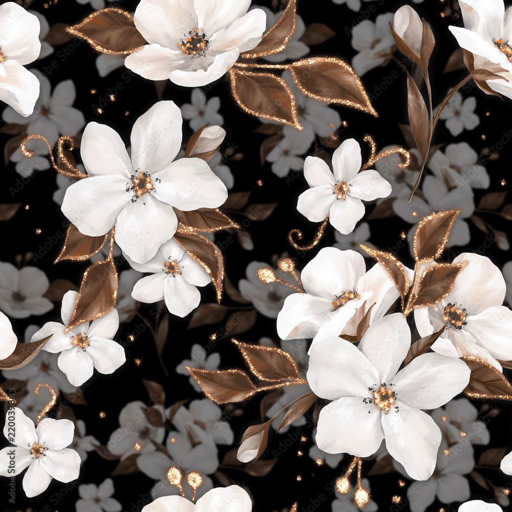 Fototapeta Elegance seamless pattern with white apple flowers and golden elements
