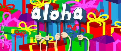 Diverse hands holding letters of the alphabet created the word Aloha (Hello in Hawaii). Vector illustration.