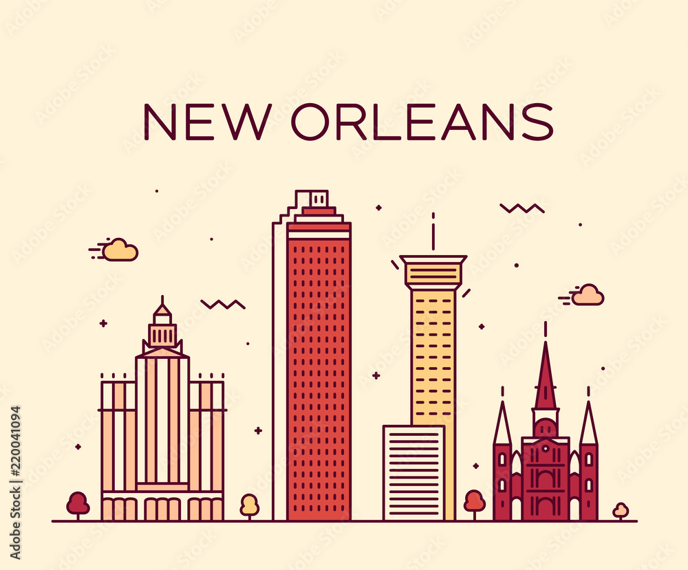 New Orleans USA skyline vector line art style