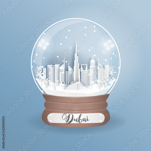 Paper cut style of world famous landmark of Dubai in a globe, glass ball. Vector illustration.