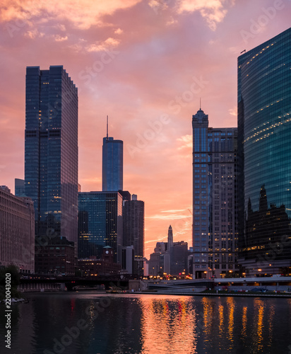 The Chicago River. Downtown  Chicago  USA. Morning cityscape  sunrise. Portrait.