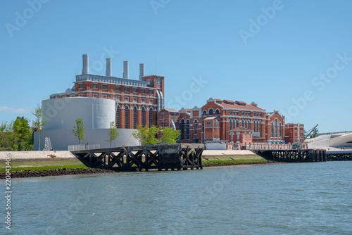 The Tejo Power Station was a thermoelectric power plant. After shut down in 1975 it opend its doors in 1990 as an Electricity Museum. View from a boat on the Tagus River.