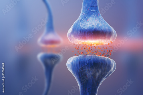 Blue synapse and neuron on a blue background. 3d rendering