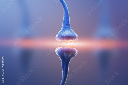 Blue synapse and neuron in the human nervous system. 3d rendering photo