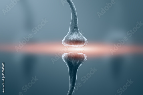 Принти на полотні Chemical synapse and a neuron on a blue background. 3d rendering.