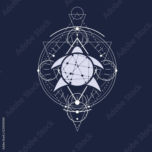 Mystical geometry symbol. Linear alchemy, occult, philosophical sign. Low poly turtle icon. For music album cover, poster, sacramental design. Astrology and religion concept.