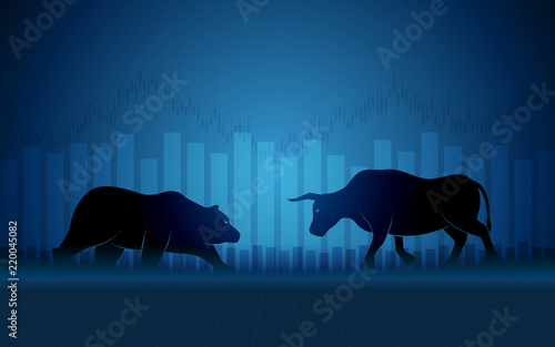 Abstract financial chart with bulls and bear in stock market on blue color background