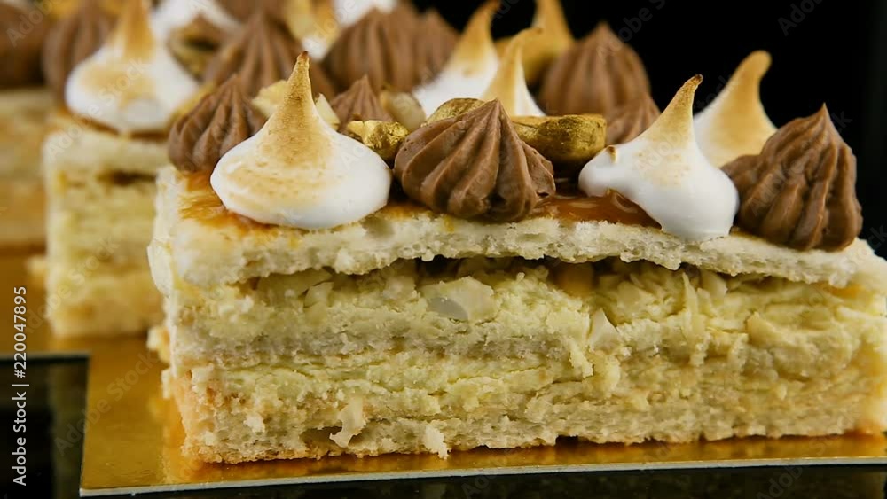 macro view of three pieces of double layer Kiev cake macro view of three pieces of double layer Kiev cake