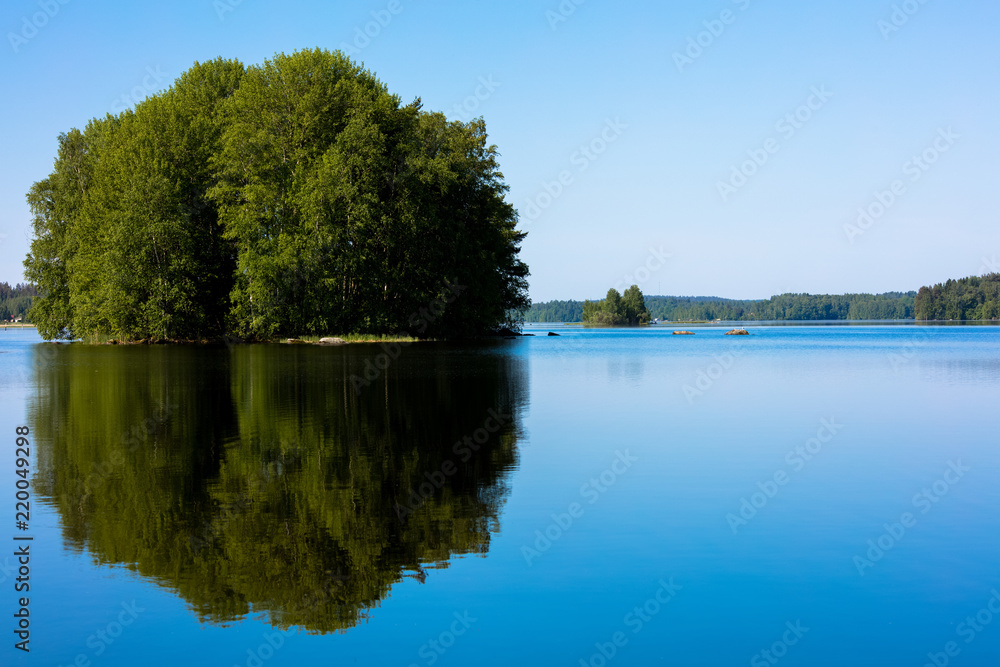 Obraz premium Landscape with calm lake surface in Finland. The sky is cloudless and blue. The lake surface is pollen from trees. Image includes a effect.